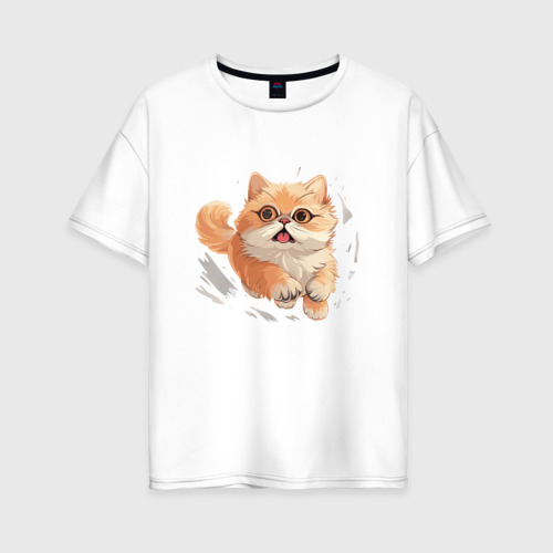 Женская футболка оверсайз из хлопка с принтом Бегущий котик, вид спереди №1