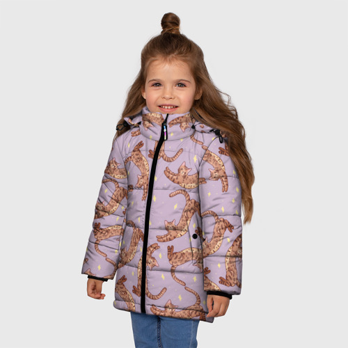Зимняя куртка для девочек 3D с принтом Котята и звёзды, фото на моделе #1
