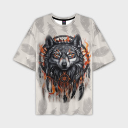 Мужская футболка oversize 3D Волк и ловец снов с перьями