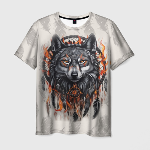 Мужская футболка 3D Волк и ловец снов с перьями, цвет 3D печать