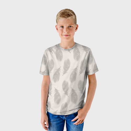 Детская футболка 3D Бежевый  паттерн с перьями, цвет 3D печать - фото 3
