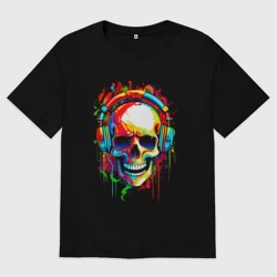 Женская футболка хлопок Oversize Красочный череп в очках 