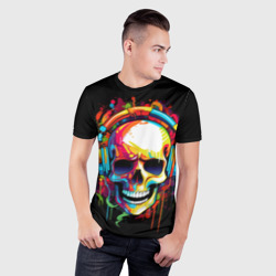 Мужская футболка 3D Slim Яркий череп в наушниках нарисованный красками  - фото 2