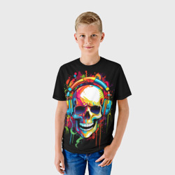 Детская футболка 3D Яркий череп в наушниках нарисованный красками  - фото 2