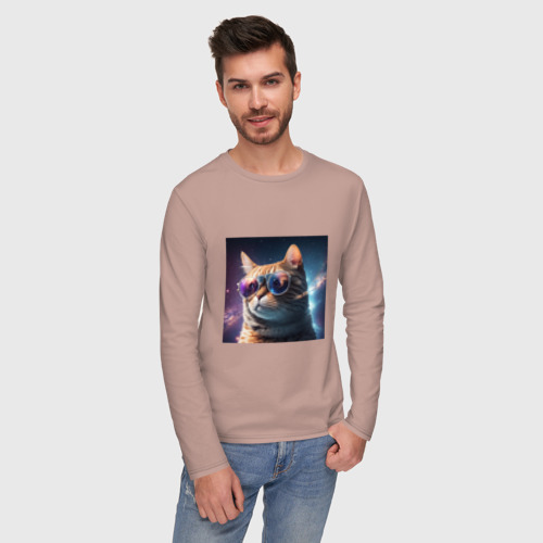 Мужской лонгслив хлопок с принтом Космический кот сosmos collection, фото на моделе #1