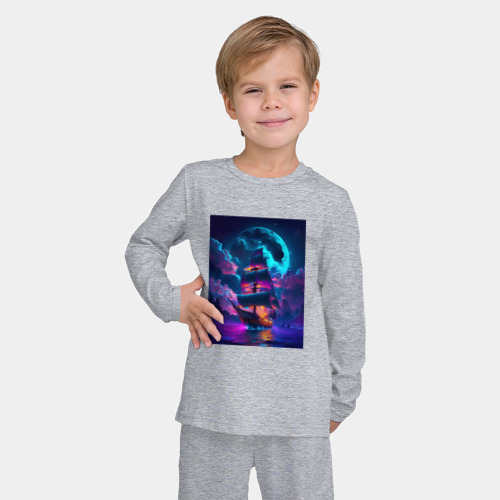 Детская пижама с лонгсливом хлопок Корабль в неоновом море, цвет меланж - фото 3