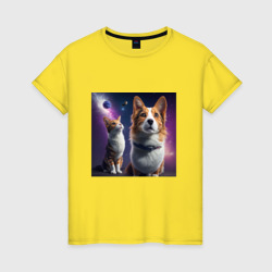 Женская футболка хлопок Собака и кот в космосе