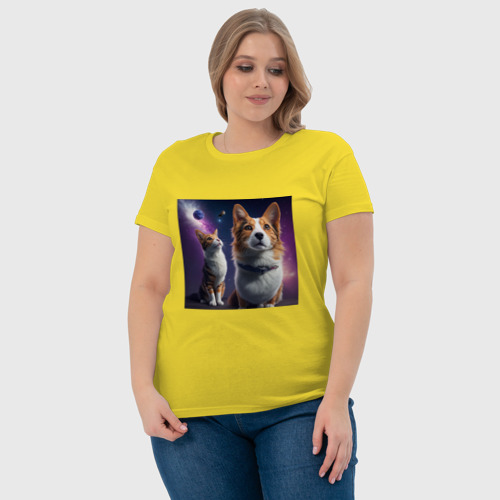 Женская футболка хлопок Собака и кот в космосе, цвет желтый - фото 6