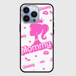 Чехол для iPhone 13 Pro Мамочка - силуэт барби: паттерн розовый на белом фоне