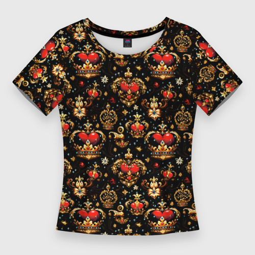 Женская футболка 3D Slim Сердечки в золотых коронах, цвет 3D печать