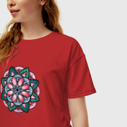 Женская футболка хлопок Oversize Мандала красно зеленая - фото 2