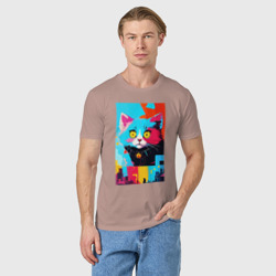 Мужская футболка хлопок Изумлённый котёнок - поп-арт - нейросеть - фото 2