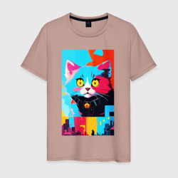 Мужская футболка хлопок Изумлённый котёнок - поп-арт - нейросеть