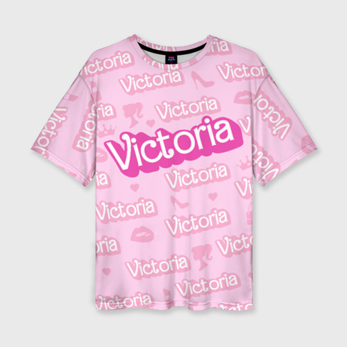 Женская футболка оверсайз с принтом Виктория - паттерн Барби розовый, вид спереди №1