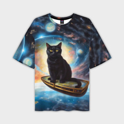 Мужская футболка oversize 3D Черный кот на космическом корабле летящий в космосе на фоне галактик