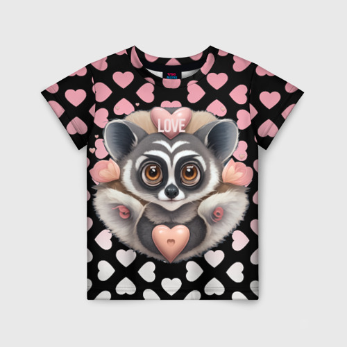 Детская футболка с принтом Лемур и сердечки с надписью love, вид спереди №1