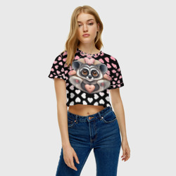 Женская футболка Crop-top 3D Лемур и сердечки с надписью love - фото 2