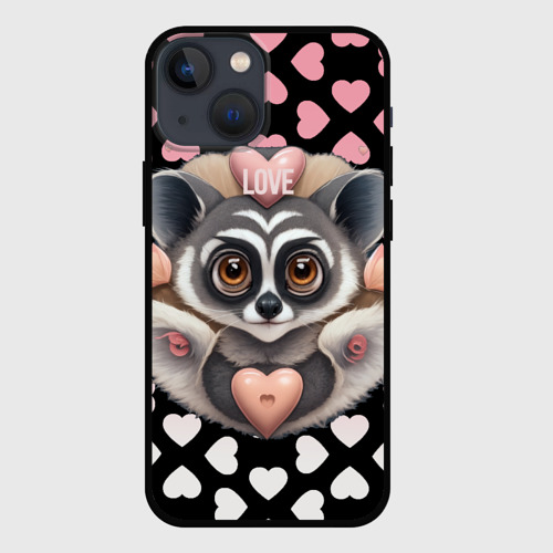 Чехол для iPhone 13 mini с принтом Лемур и сердечки с надписью love, вид спереди #2