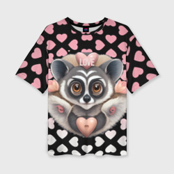 Женская футболка oversize 3D Лемур и сердечки с надписью love