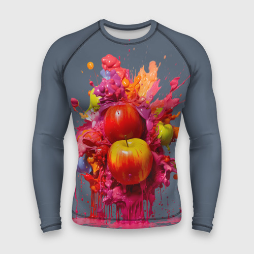 Мужской рашгард 3D с принтом Взрыв яблок из красок, вид спереди #2