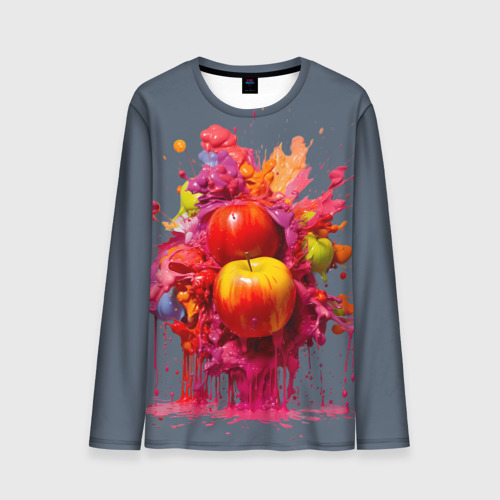 Мужской лонгслив 3D с принтом Взрыв яблок из красок, вид спереди #2
