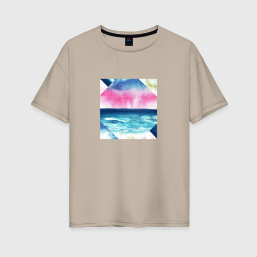 Женская футболка хлопок Oversize Абстрактное море закат рассвет, цвет миндальный