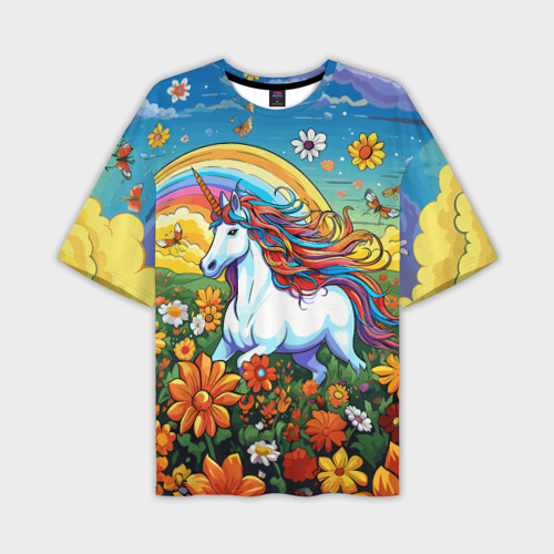 Мужская футболка oversize 3D Единорог в цветах под радугой, цвет 3D печать