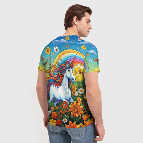 Мужская футболка 3D с принтом Единорог в цветах под радугой, вид сзади #2