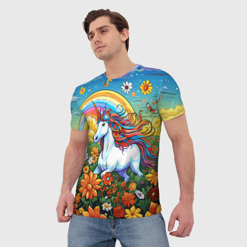 Мужская футболка 3D с принтом Единорог в цветах под радугой, фото на моделе #1