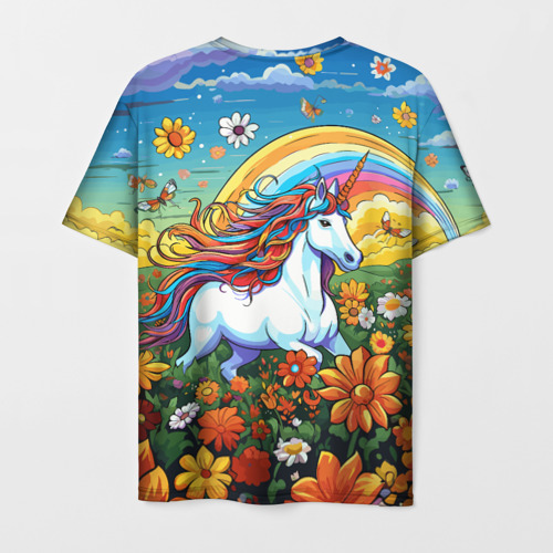 Мужская футболка 3D с принтом Единорог в цветах под радугой, вид сзади #1