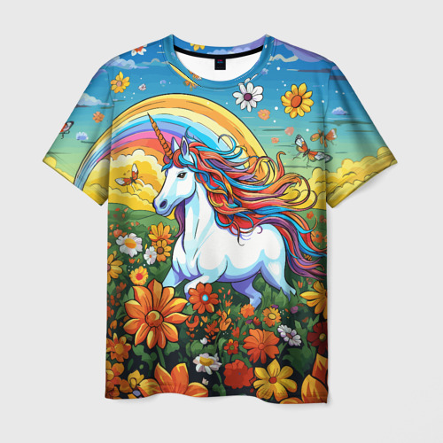 Мужская футболка 3D с принтом Единорог в цветах под радугой, вид спереди #2