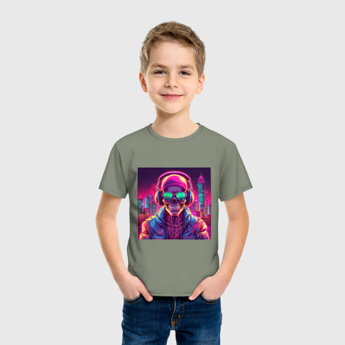 Детская футболка хлопок Скелет в шапке и куртке, цвет авокадо - фото 3
