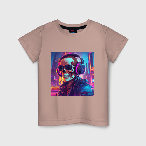Детская футболка хлопок Скелет в темных очках, цвет пыльно-розовый