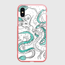 Чехол для iPhone XS Max матовый Дракон Хаку в стиле тату: белый и бирюзовый паттерн 