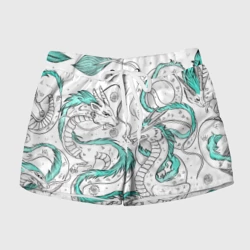 Женские шорты 3D Дракон Хаку в стиле тату: белый и бирюзовый паттерн 