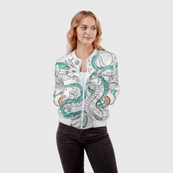 Женский бомбер 3D Дракон Хаку в стиле тату: белый и бирюзовый паттерн  - фото 2