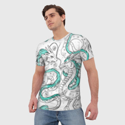 Мужская футболка 3D Дракон Хаку в стиле тату: белый и бирюзовый паттерн  - фото 2