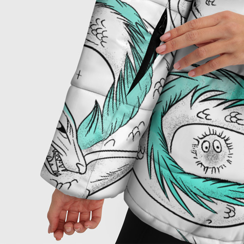 Женская зимняя куртка Oversize Дракон Хаку в стиле тату: белый и бирюзовый паттерн , цвет черный - фото 6