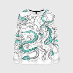 Женский свитшот 3D Дракон Хаку в стиле тату: белый и бирюзовый паттерн 
