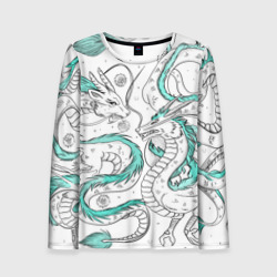 Женский лонгслив 3D Дракон Хаку в стиле тату: белый и бирюзовый паттерн