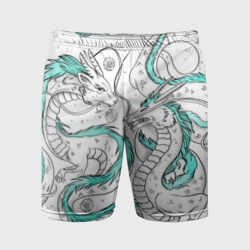 Мужские шорты спортивные Дракон Хаку в стиле тату: белый и бирюзовый паттерн 
