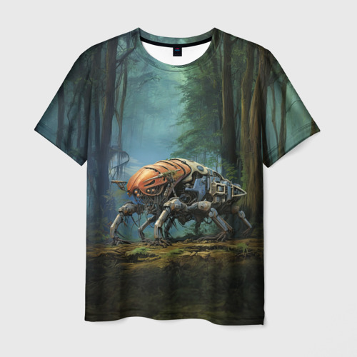 Мужская футболка с принтом Кибернетический жук в лесу, вид спереди №1