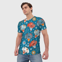 Мужская футболка 3D Милые собачьи мордашки с цветами - фото 2