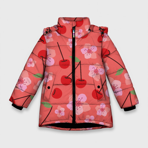 Зимняя куртка для девочек с принтом Вишневые цветы и красные ягоды вишни на ветке с зеленым листом, вид спереди №1