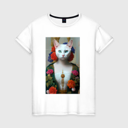Женская футболка хлопок Кошка-женщина одета в русском стиле ар-нуво