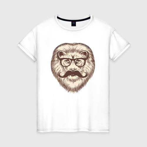 Женская футболка хлопок с принтом Хипстер лев, вид спереди #2
