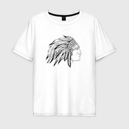 Мужская футболка оверсайз из хлопка с принтом профиль индеец с перьями рисунок, вид спереди №1