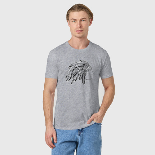 Мужская футболка хлопок профиль индеец с перьями рисунок, цвет меланж - фото 3