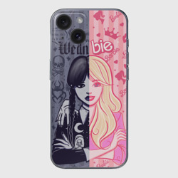 Чехол для iPhone 15 силиконовый с защитой камеры Барби и Уэнсдей - мои две личности: в стиле тату