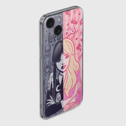 Чехол для iPhone 15 силиконовый с защитой камеры Барби и Уэнсдей - мои две личности: в стиле тату - фото 2